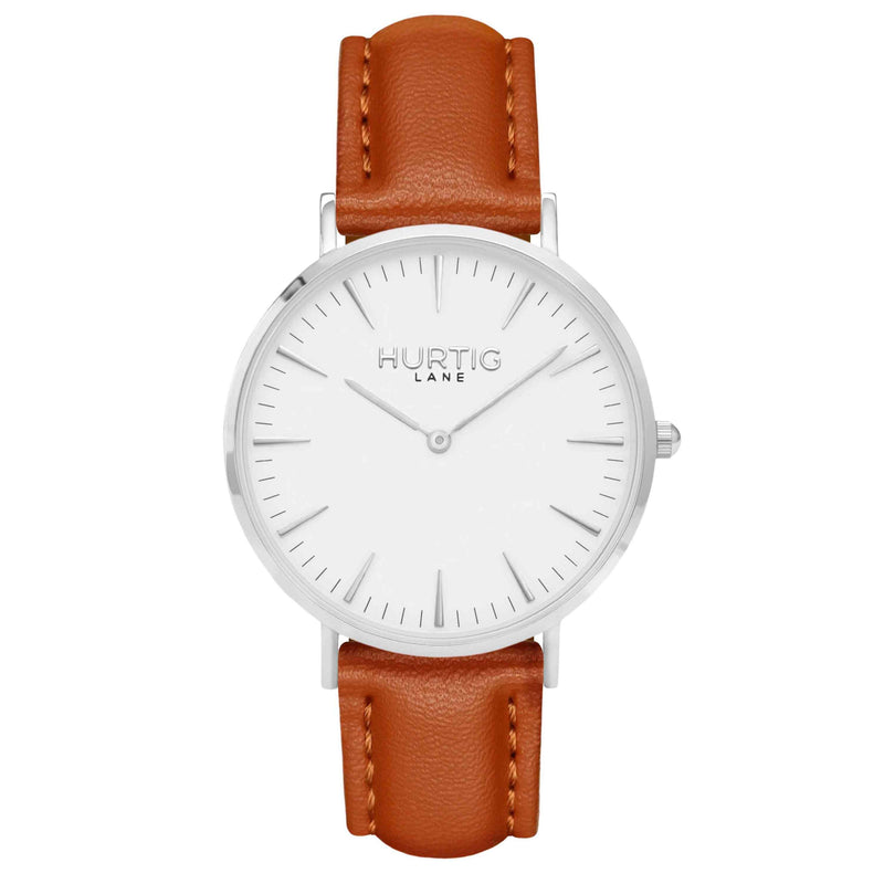 hurtig lane vegan watch silver, white and tan- vegane uhr