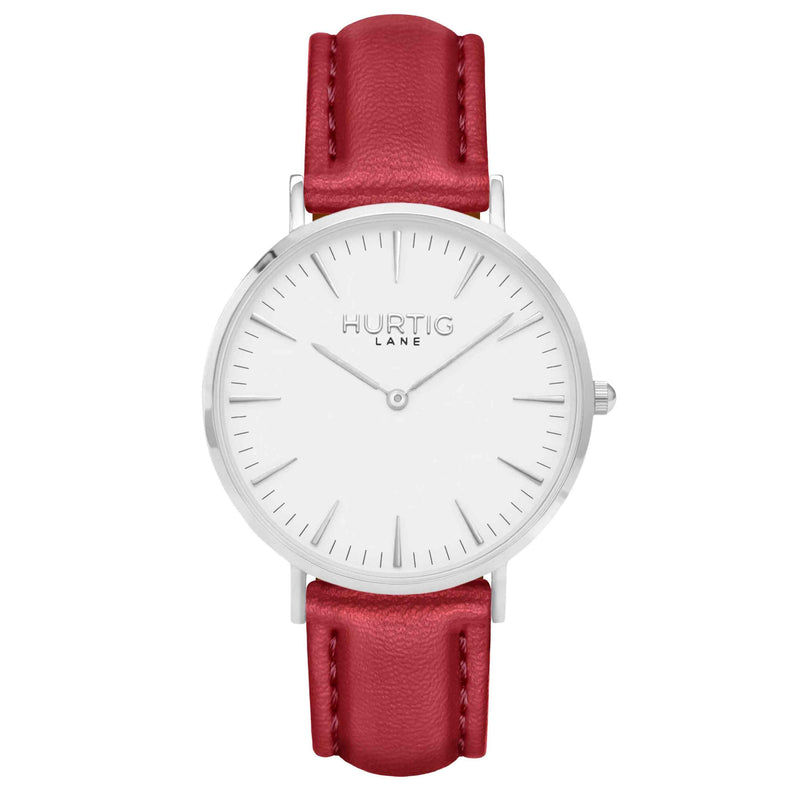 Vegan leather watch silver, white and red- hurtig lane- vegane uhren