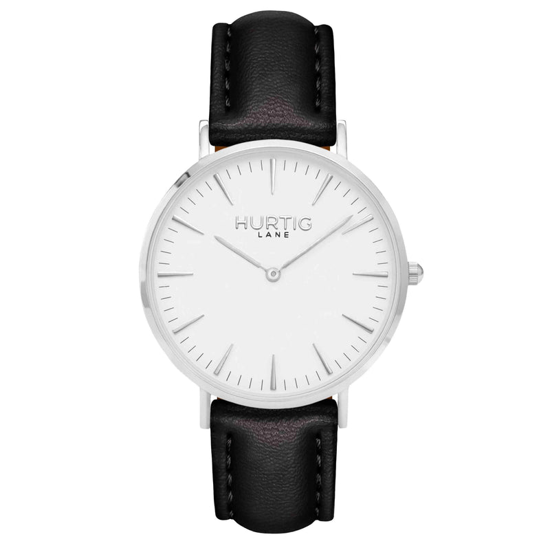 Vegan leather watch silver, white and black- hurtig lane- vegane uhren