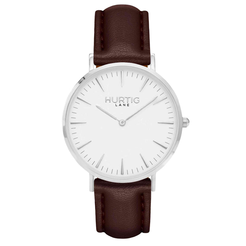 hurtig lane vegan watch silver, white and chestnut- vegane uhr