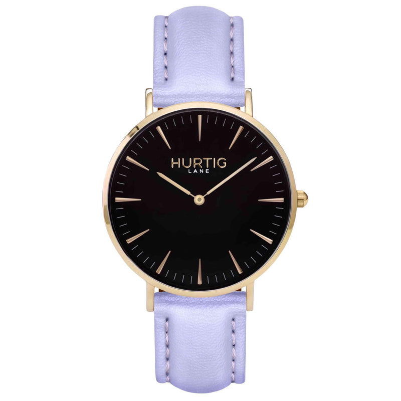 Mykonos Vegan Leather Watch Gold, Black and lilac Watch Hurtig Lane Vegan Watches