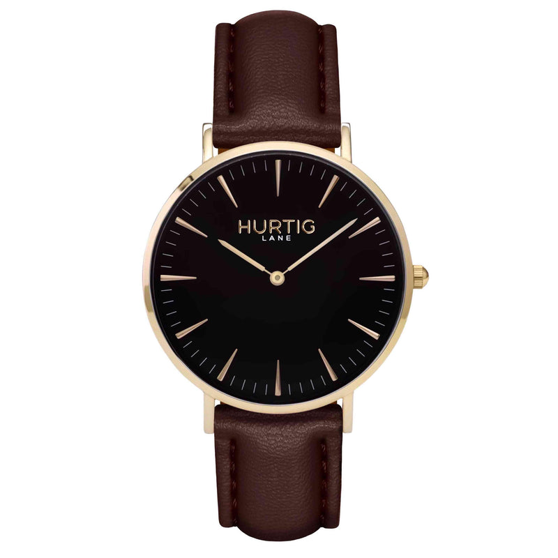 Mykonos Vegan Leather Watch Gold, Black and chestnut Watch Hurtig Lane Vegan Watches