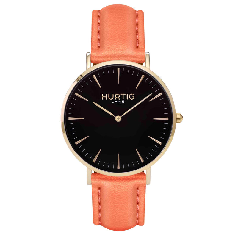 Mykonos Vegan Leather Watch Gold, Black and coral Watch Hurtig Lane Vegan Watches