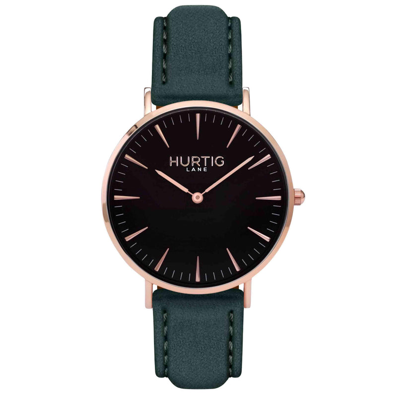 Hymnal Vegan Suede Watch Rose Gold, Black & Duck Egg - Hurtig Lane - sustainable- vegan-ethical- cruelty free