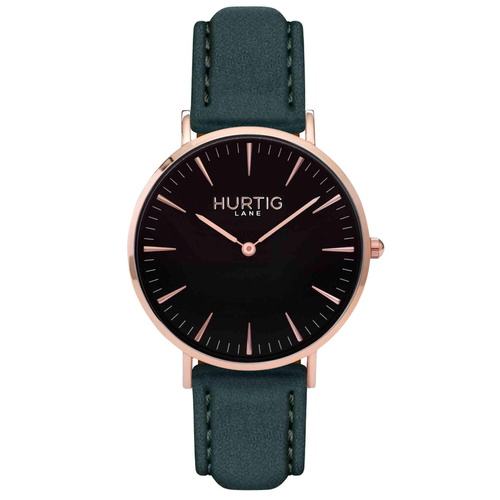 Hymnal Vegan Suede Watch Rose Gold, Black & Forest Green Watch Hurtig Lane Vegan Watches