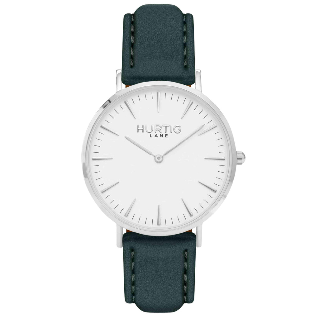 Hymnal Vegan Suede Watch Silver, White & Forest Green Watch Hurtig Lane Vegan Watches