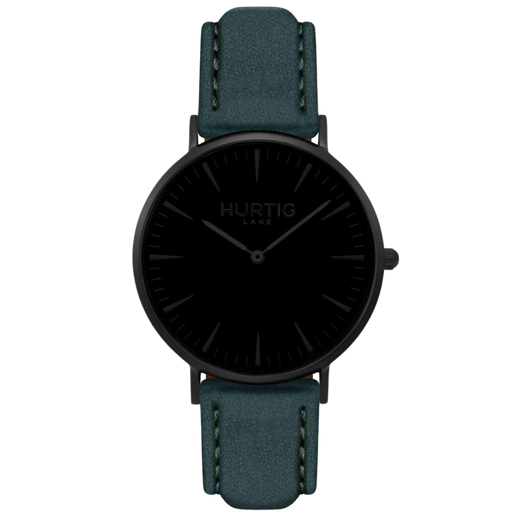 Hymnal Vegan Suede Watch All Black & Forest Green - Hurtig Lane - sustainable- vegan-ethical- cruelty free