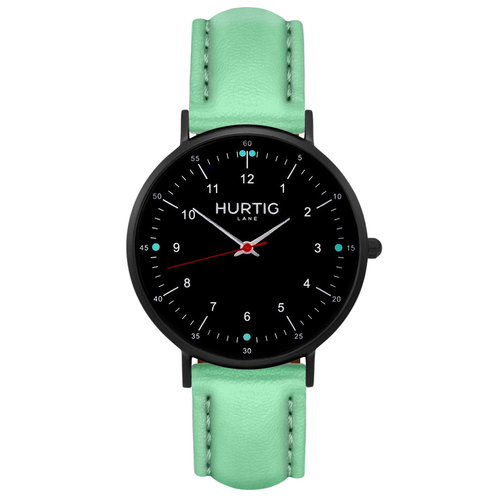 Moderna Vegan Leather Watch All Black & Mint Watch Hurtig Lane Vegan Watches