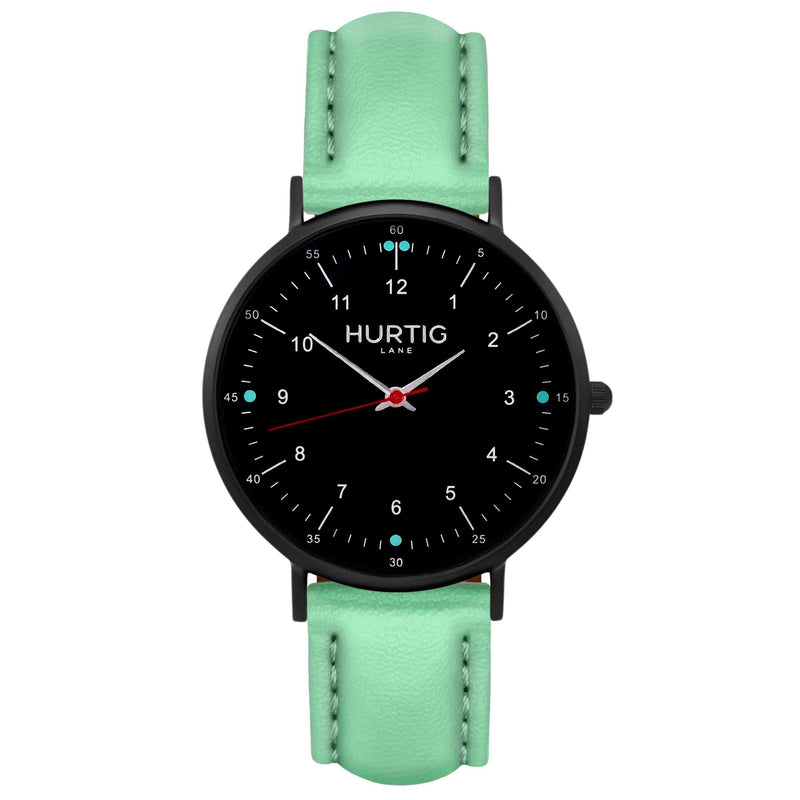 Moderna Vegan Leather Watch All Black & Green - Hurtig Lane - sustainable- vegan-ethical- cruelty free