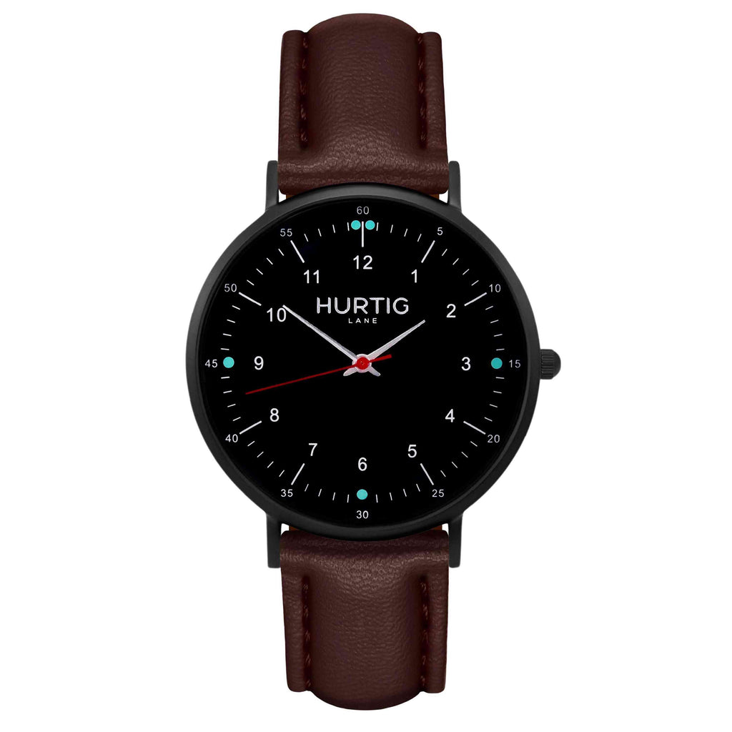 hurtig lane vegan leather watch black & chestnut vegane uhren