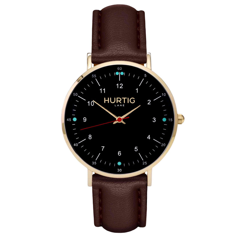 hurtig lane vegan leather watch gold, black & dark brown vegane uhren