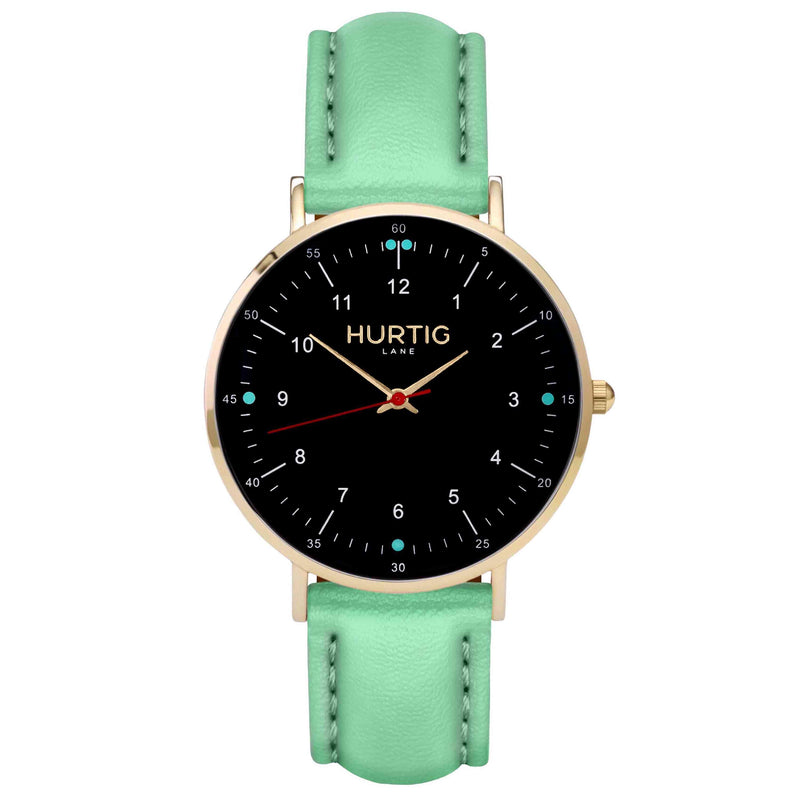 hurtig lane vegan leather watch gold, black & mint vegane uhren