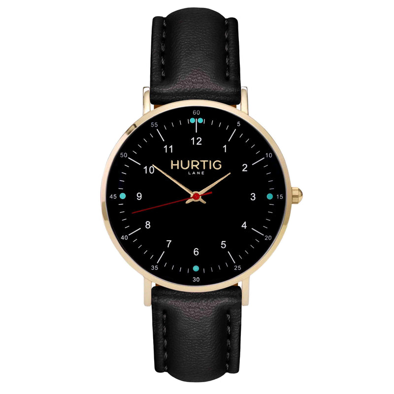 hurtig lane vegan leather watch gold, black & black vegane uhren