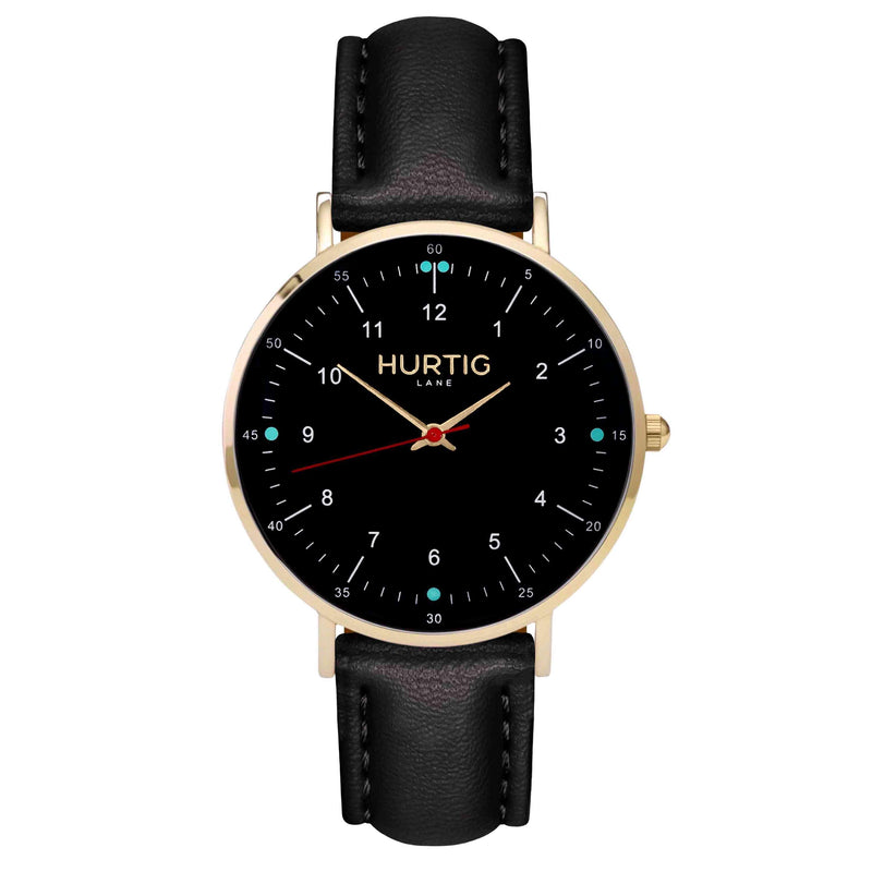 hurtig lane vegan leather watch gold,  black & black vegane uhren