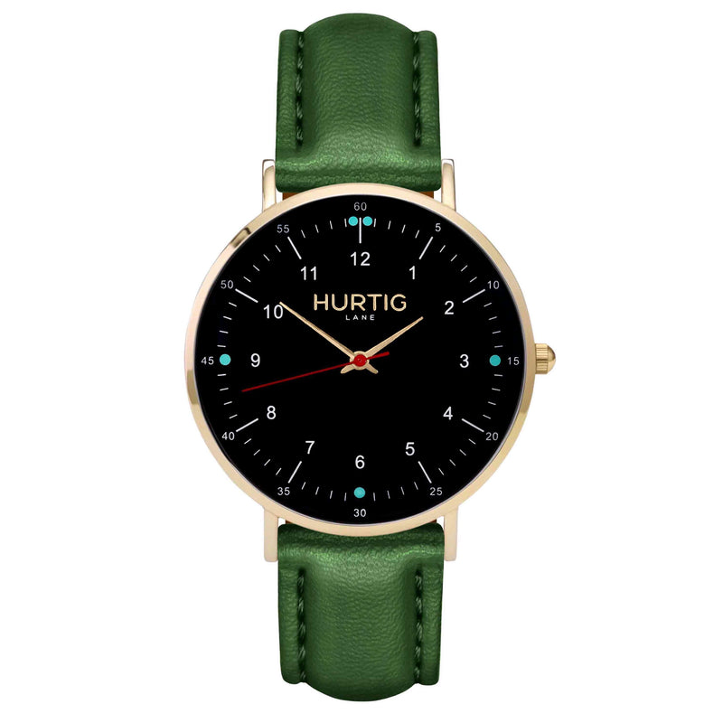 hurtig lane vegan leather watch gold,  black & green vegane uhren