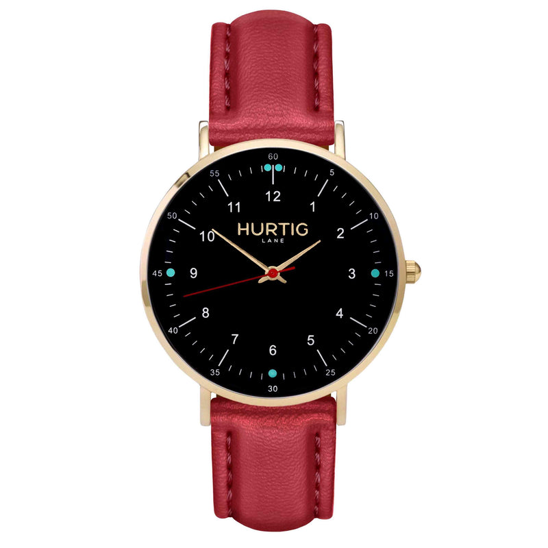 hurtig lane vegan leather watch gold, black & red vegane uhren