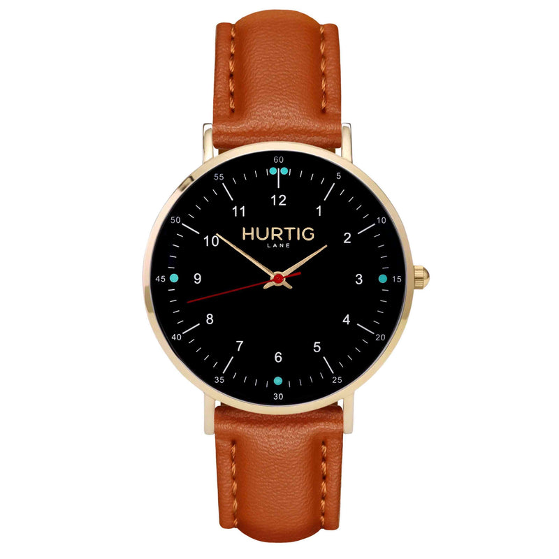 hurtig lane vegan leather watch gold, black & tan vegane uhren