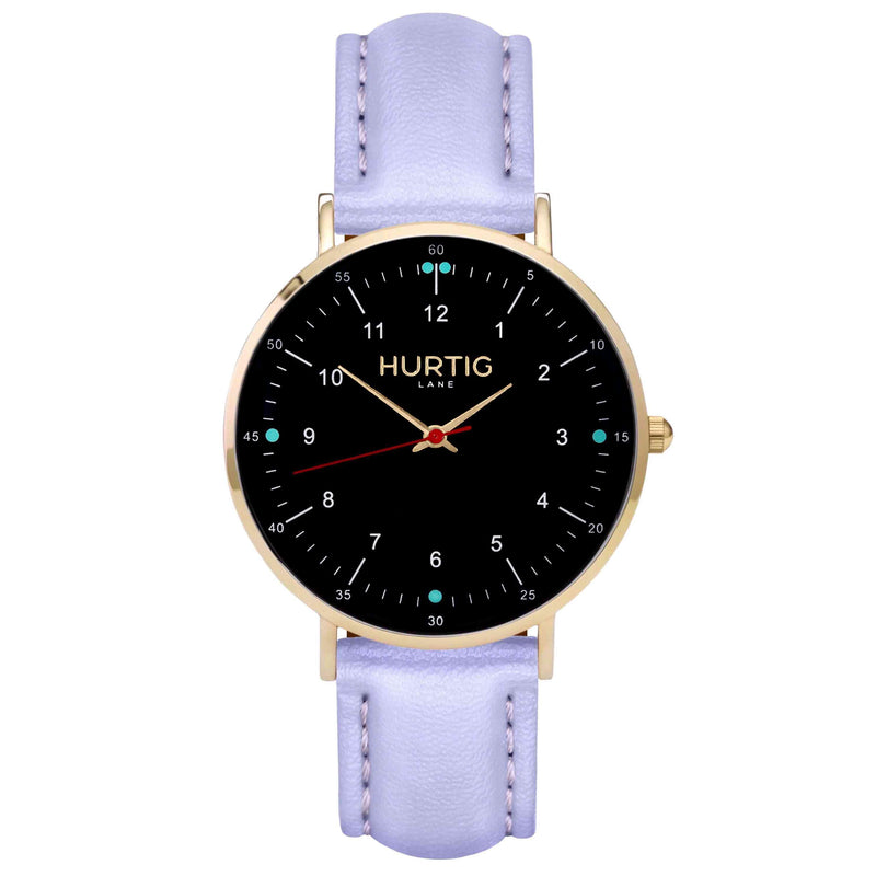 hurtig lane vegan leather watch gold,  black & lilac vegane uhren