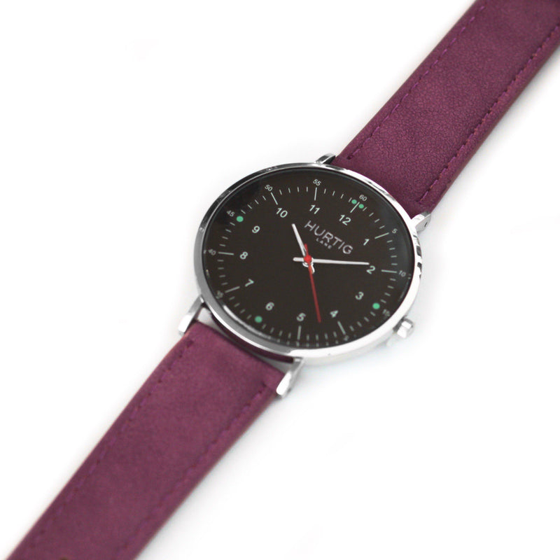 Moderna Vegan Suede Silver/Black/Berry - hurtig-lane-vegan-watches