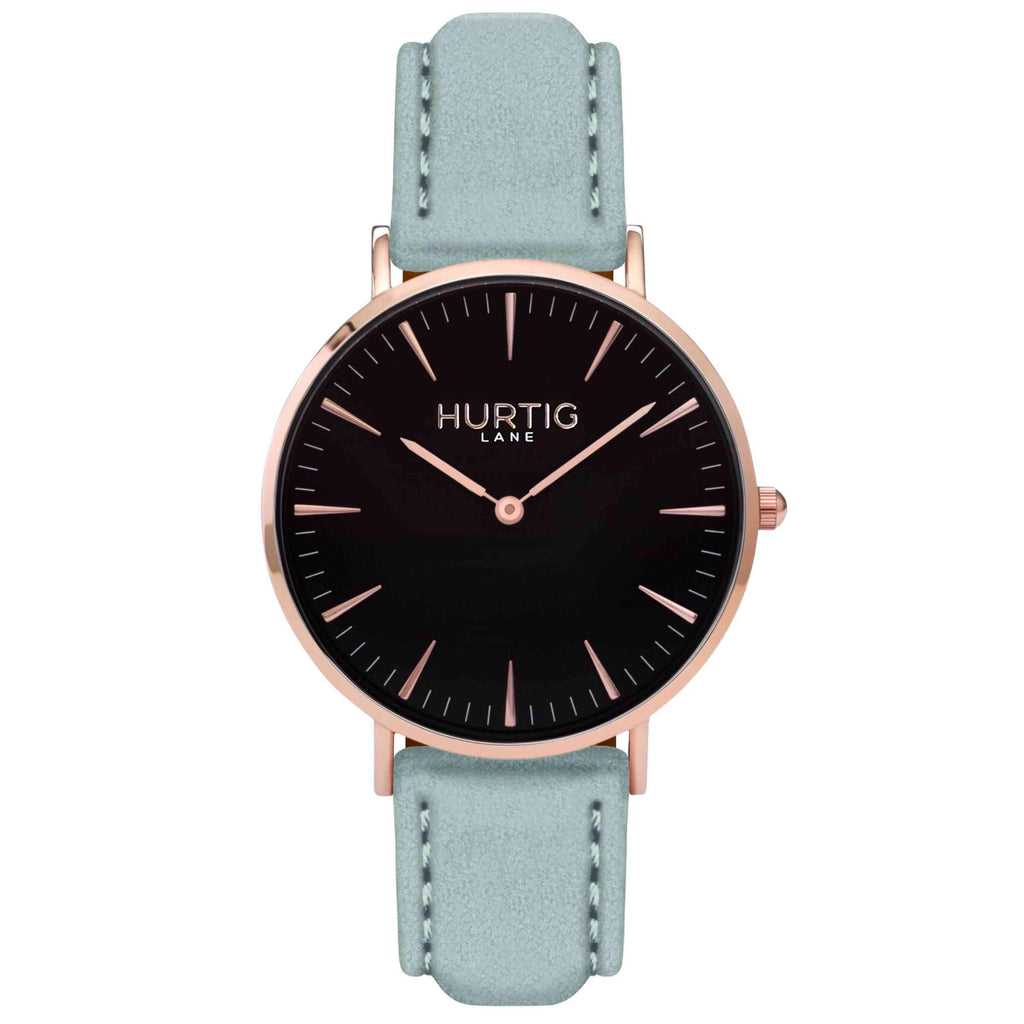 Hymnal Vegan Suede Watch Rose Gold, Black & Duck Egg - Hurtig Lane - sustainable- vegan-ethical- cruelty free