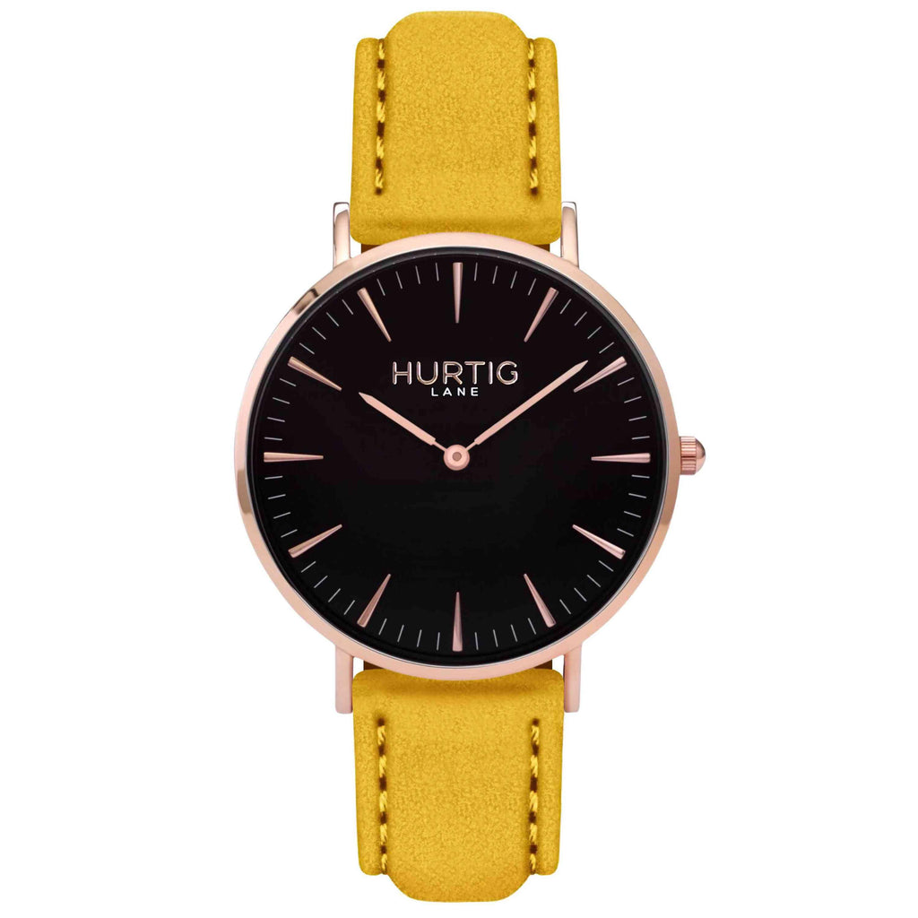 Hymnal Vegan Suede Watch Rose Gold, Black & Mustard Watch Hurtig Lane Vegan Watches