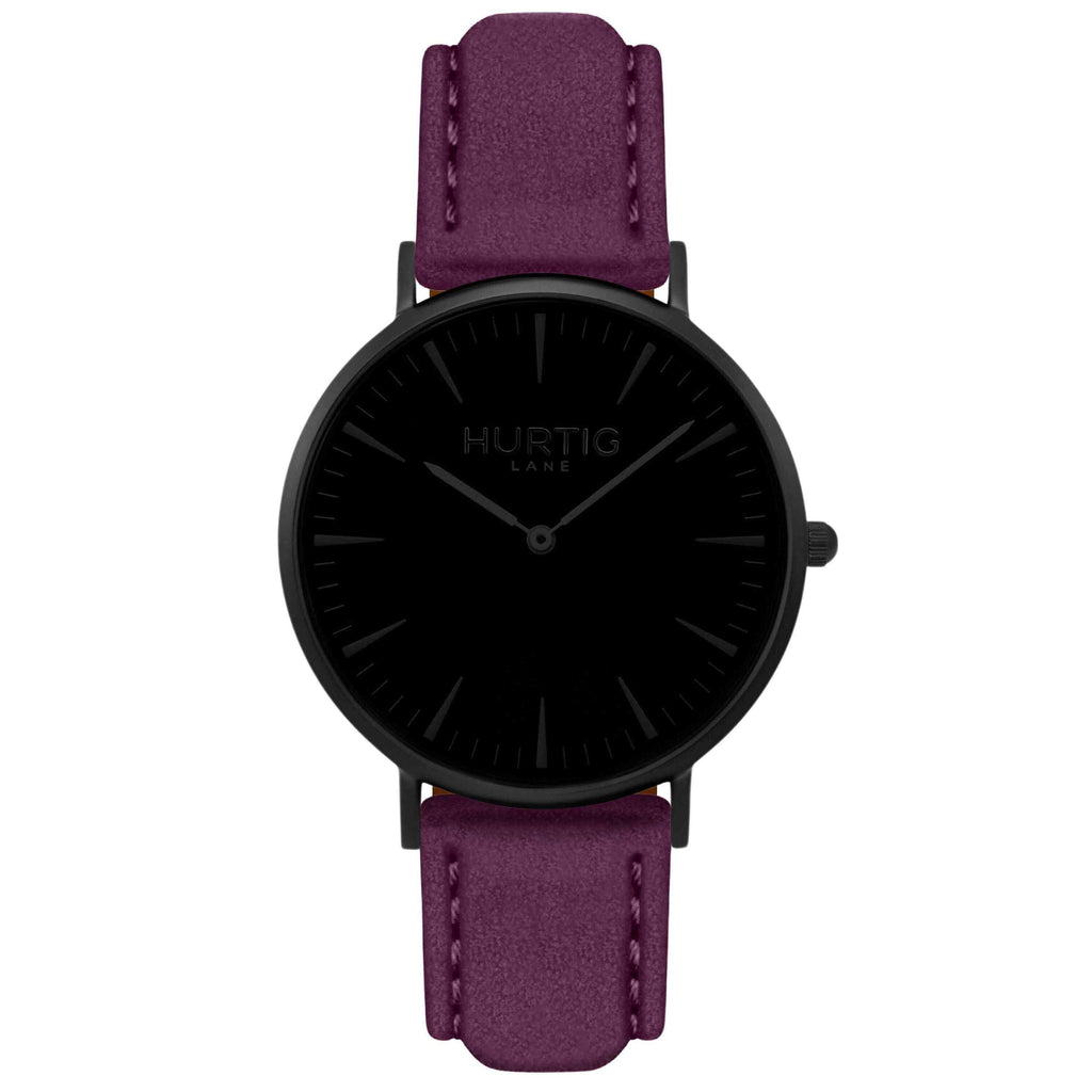 Hymnal Vegan Suede Watch All Black & Berry - Hurtig Lane - sustainable- vegan-ethical- cruelty free