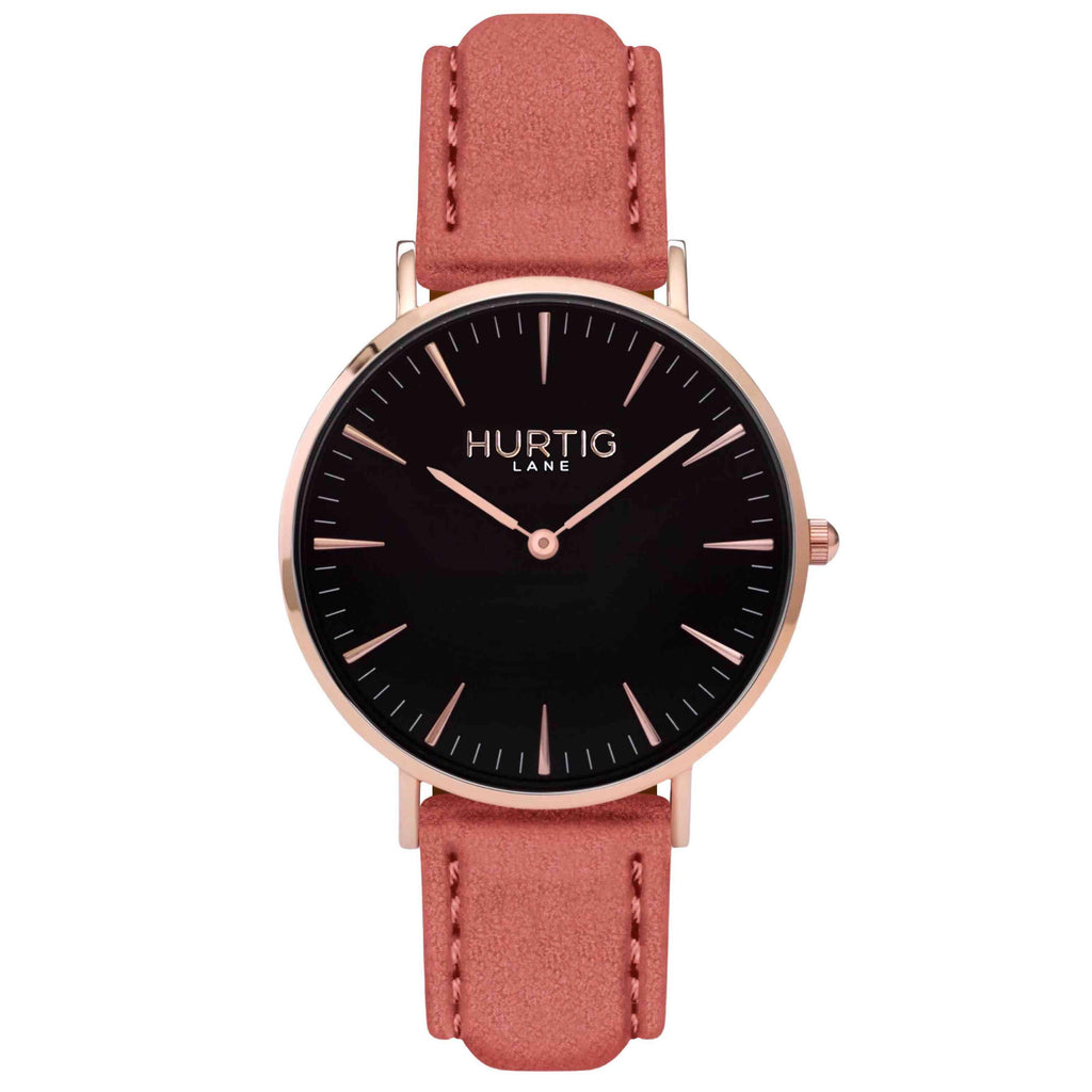 Hymnal Vegan Suede Watch Rose Gold, Black & Coral Watch Hurtig Lane Vegan Watches