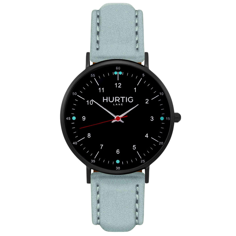 Moderna Vegan Suede Watch All Black & Duck Egg - Hurtig Lane - sustainable- vegan-ethical- cruelty free