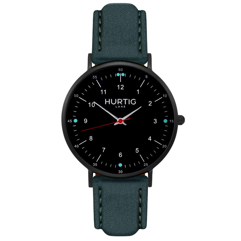 Moderna Vegan Suede Watch All Black & Duck Egg - Hurtig Lane - sustainable- vegan-ethical- cruelty free