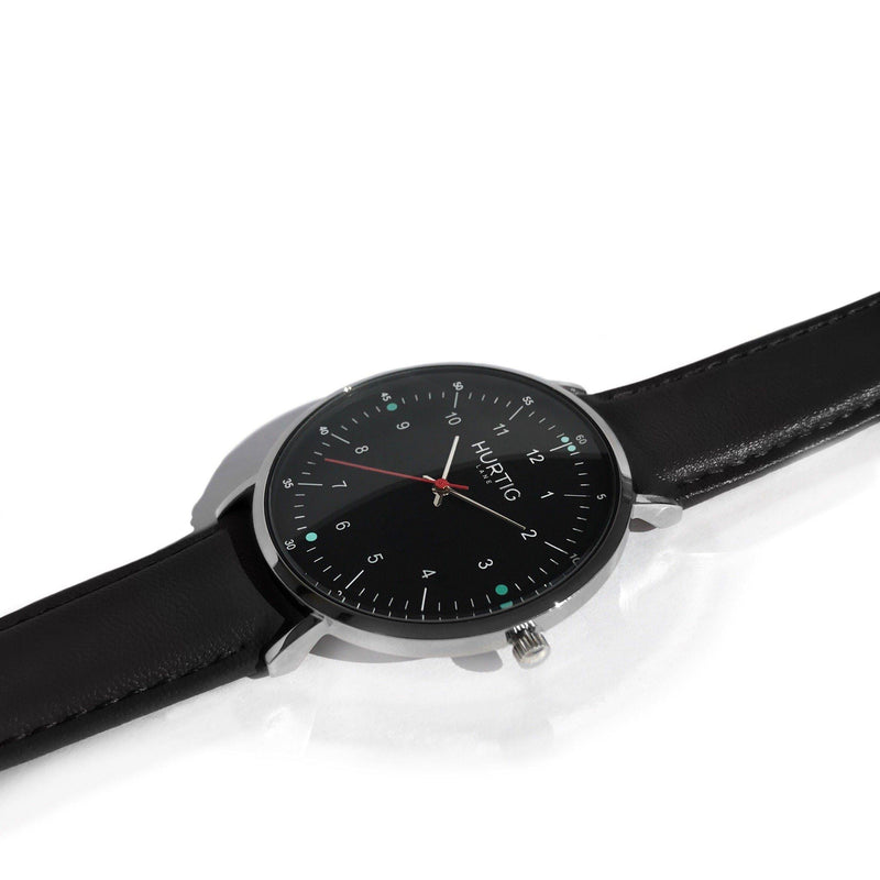 hurtig lane vegan leather watch silver,  black & black vegane uhren