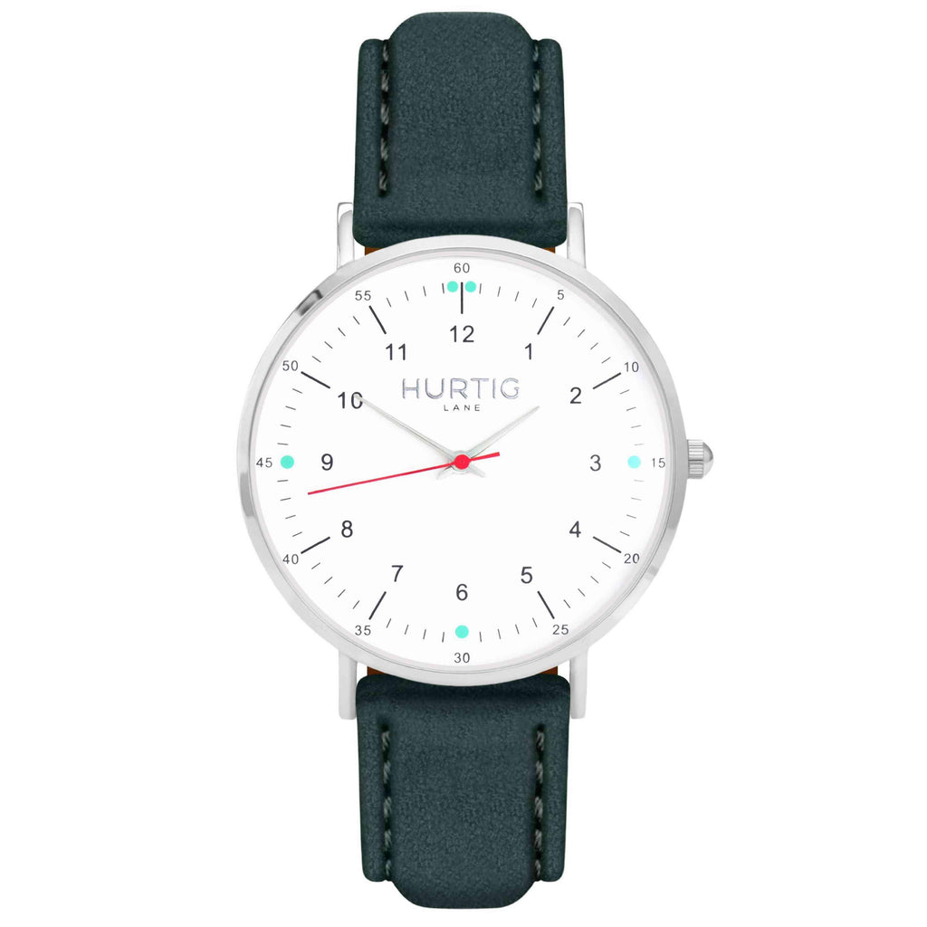 Moderna Vegan Suede Watch Silver, White & Forest Green Watch Hurtig Lane Vegan Watches