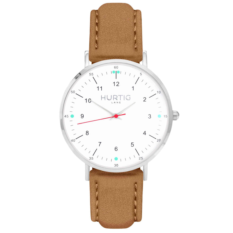 Moderno Vegan Suede Watch Silver, White & Camel Watch Hurtig Lane Vegan Watches