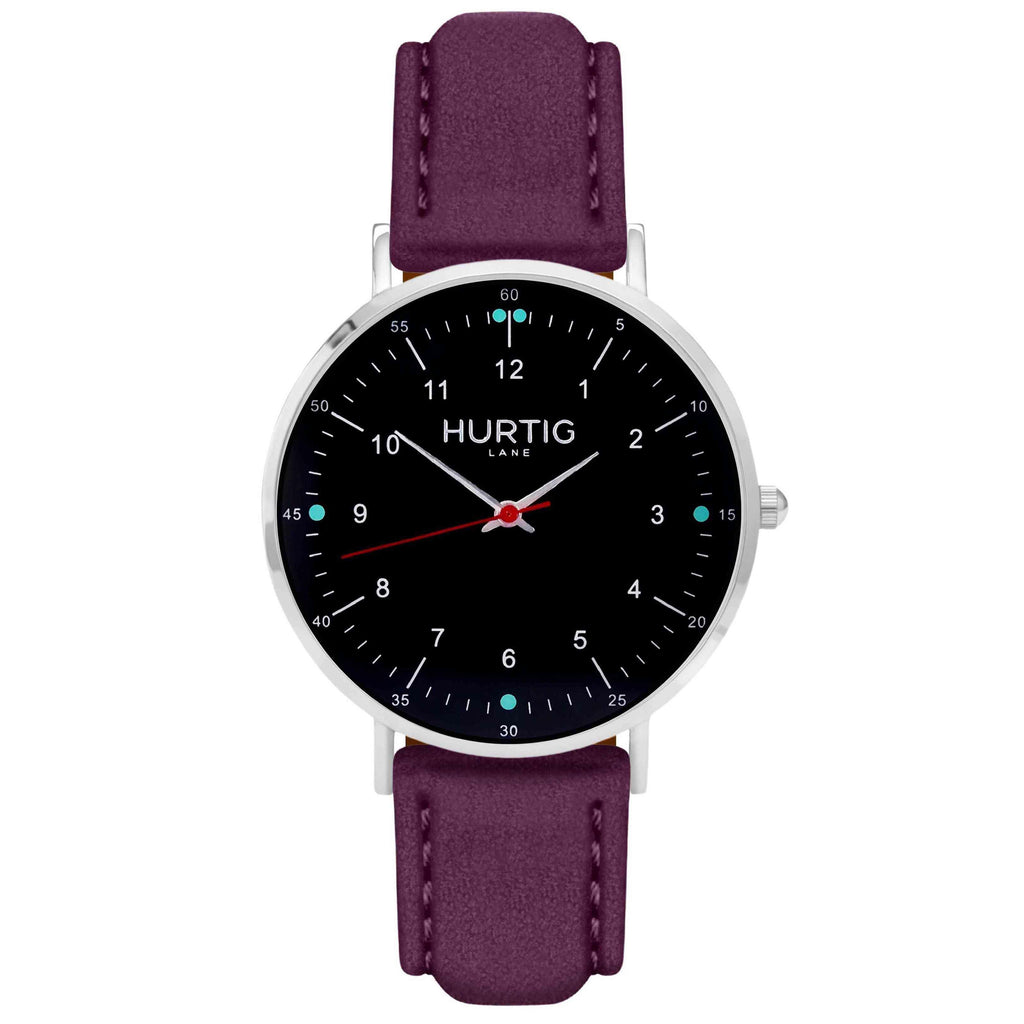 Moderno Vegan Suede Watch Silver, Black & Berry Watch Hurtig Lane Vegan Watches