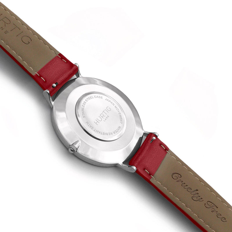 Mykonos Vegan Leather Watch Silver, Grey & Red - Hurtig Lane - sustainable- vegan-ethical- cruelty free