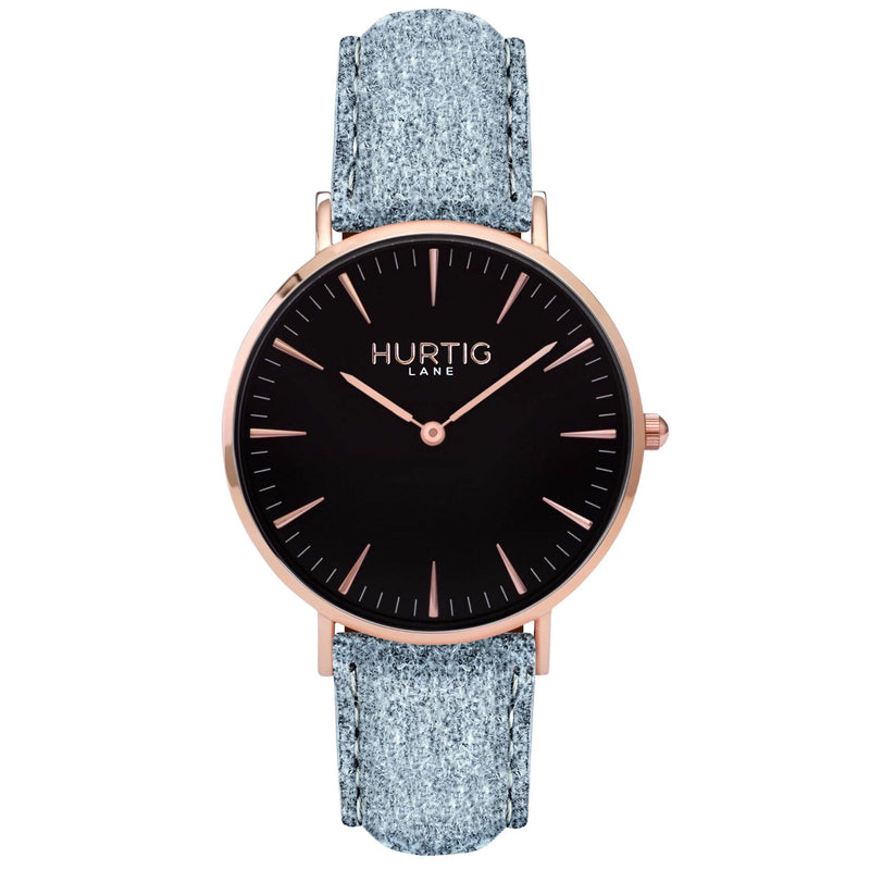 Hymnal Vegan Suede Watch Rose Gold, Black & Duck Egg - Hurtig Lane - sustainable- vegan-ethical- cruelty free