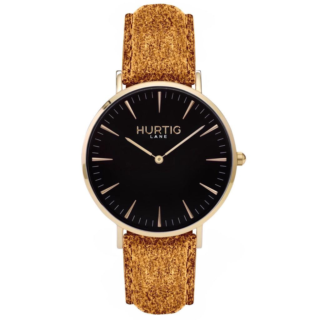 Hymnal Vegan Watch Tweed Gold, Black & Camel Brown Watch Hurtig Lane Vegan Watches