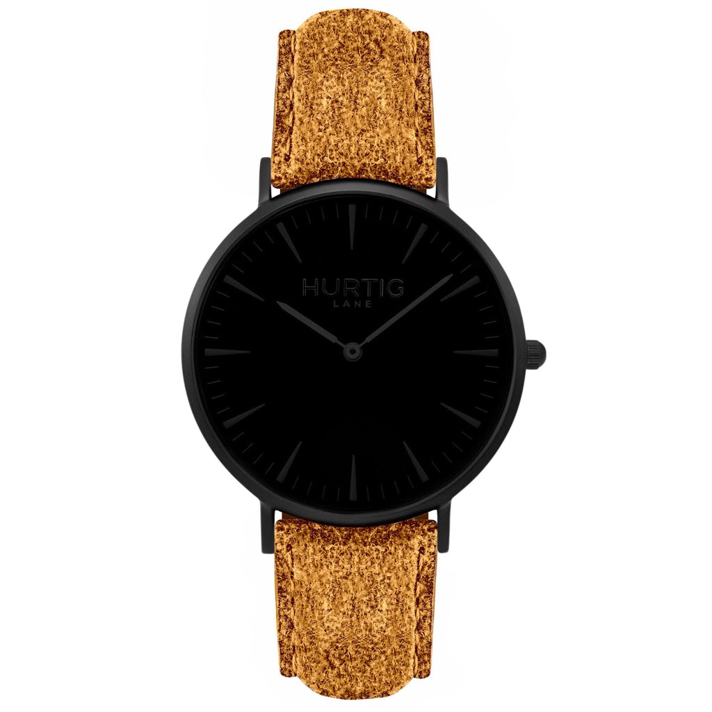 Hymnal Vegan Watch Tweed All Black & Camel Brown - Hurtig Lane - sustainable- vegan-ethical- cruelty free