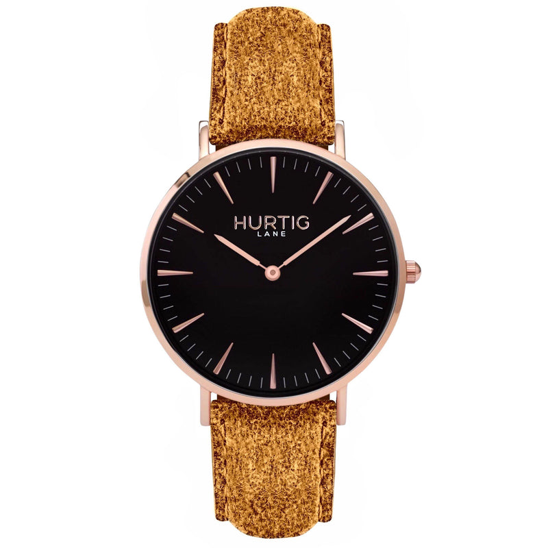 Hymnal Vegan Suede Watch Rose Gold, Black & Mustard - Hurtig Lane - sustainable- vegan-ethical- cruelty free