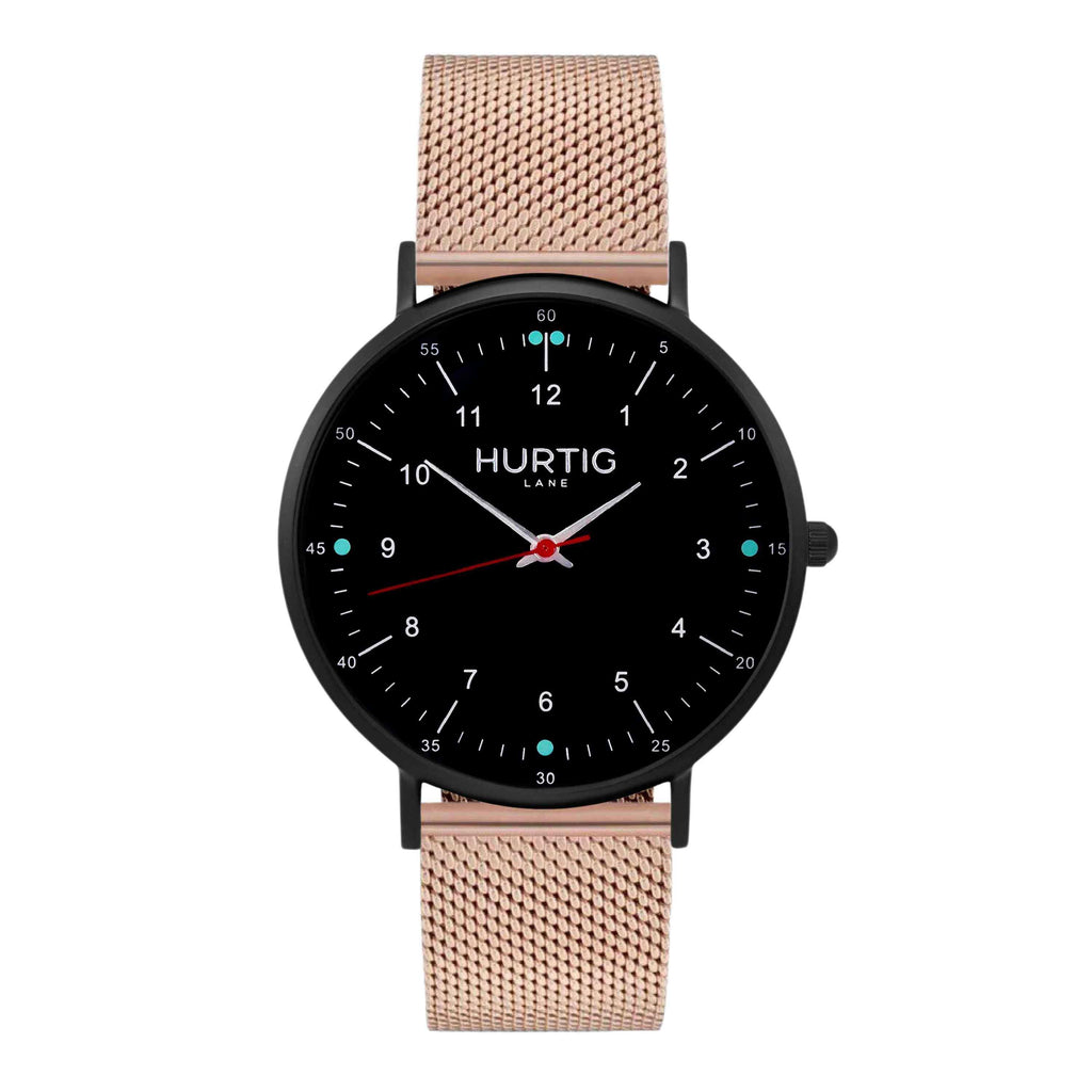 Moderno Stainless Steel Watch All Black & Rose Gold - Hurtig Lane - sustainable- vegan-ethical- cruelty free