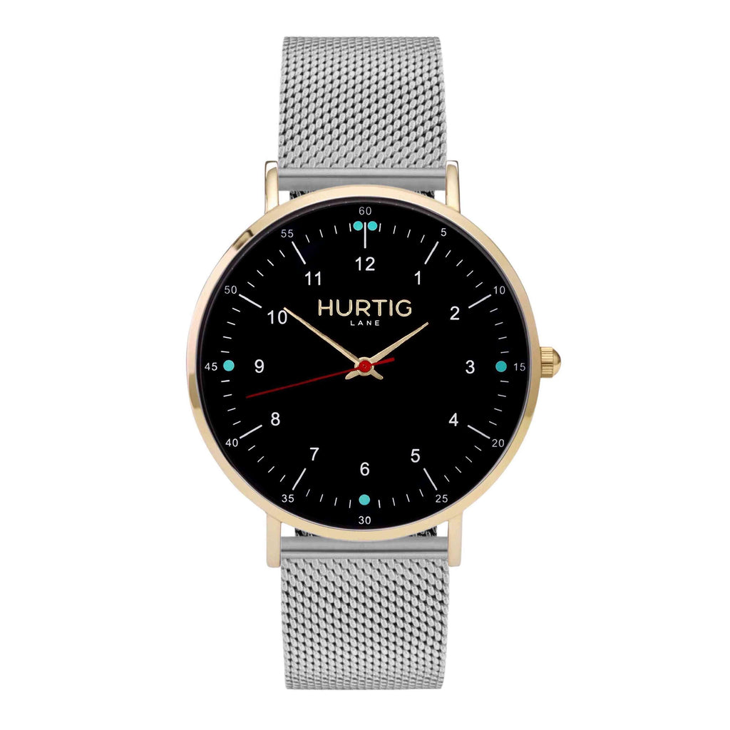 gold and black mesh watch