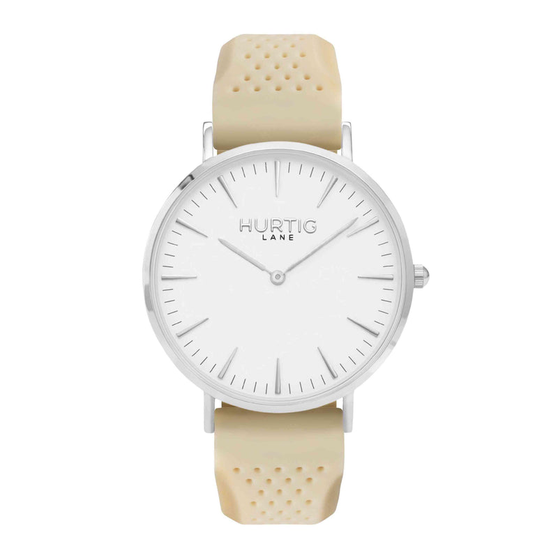 Attiva Vegan Rubber Watch Silver, White & Cream - Hurtig Lane - sustainable- vegan-ethical- cruelty free