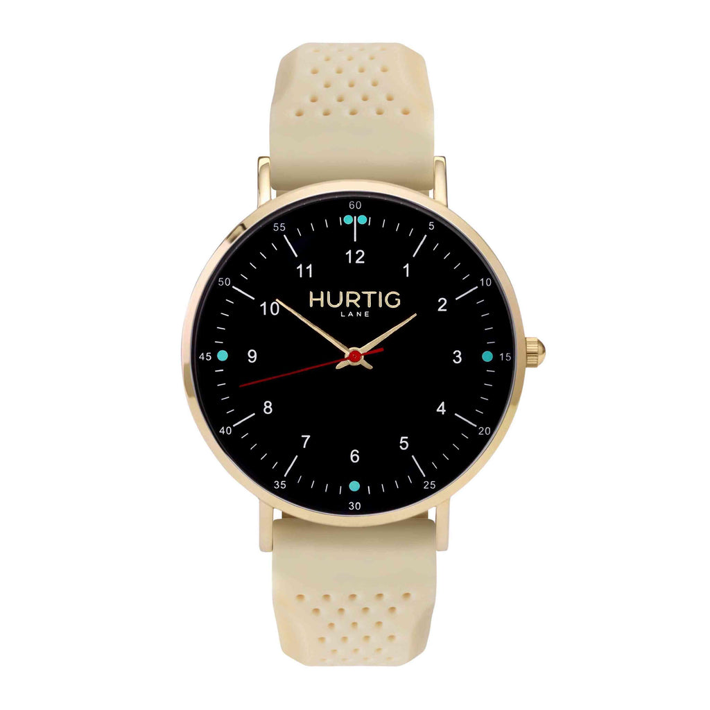 Moderna Vegan Rubber Watch Gold, Black & Cream - Hurtig Lane - sustainable- vegan-ethical- cruelty free