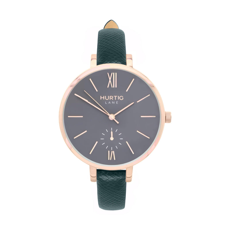 Amalfi Petite Vegan Leather Watch Rose Gold, Grey & Forest Green - Hurtig Lane - sustainable- vegan-ethical- cruelty free