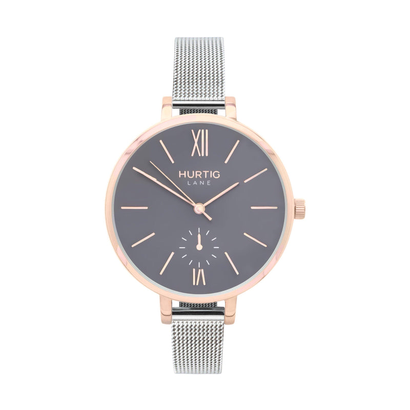 Amalfi Petite Vegan Leather Watch Rose Gold, Grey & Marine Blue - Hurtig Lane - sustainable- vegan-ethical- cruelty free