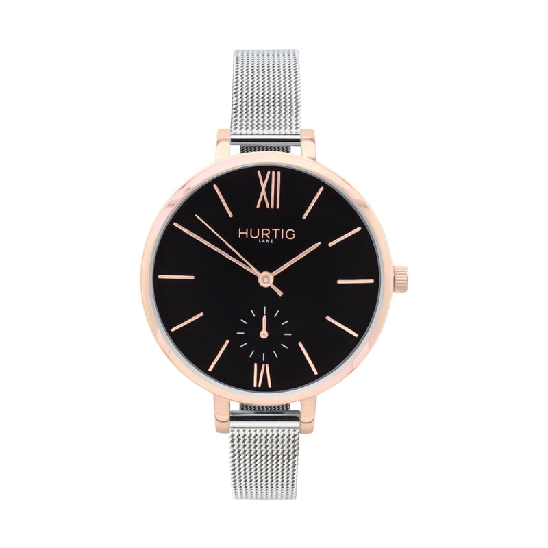 Amalfi Petite Stainless Steel Watch Rose Gold, Black & Rose Gold Watch Hurtig Lane Vegan Watches