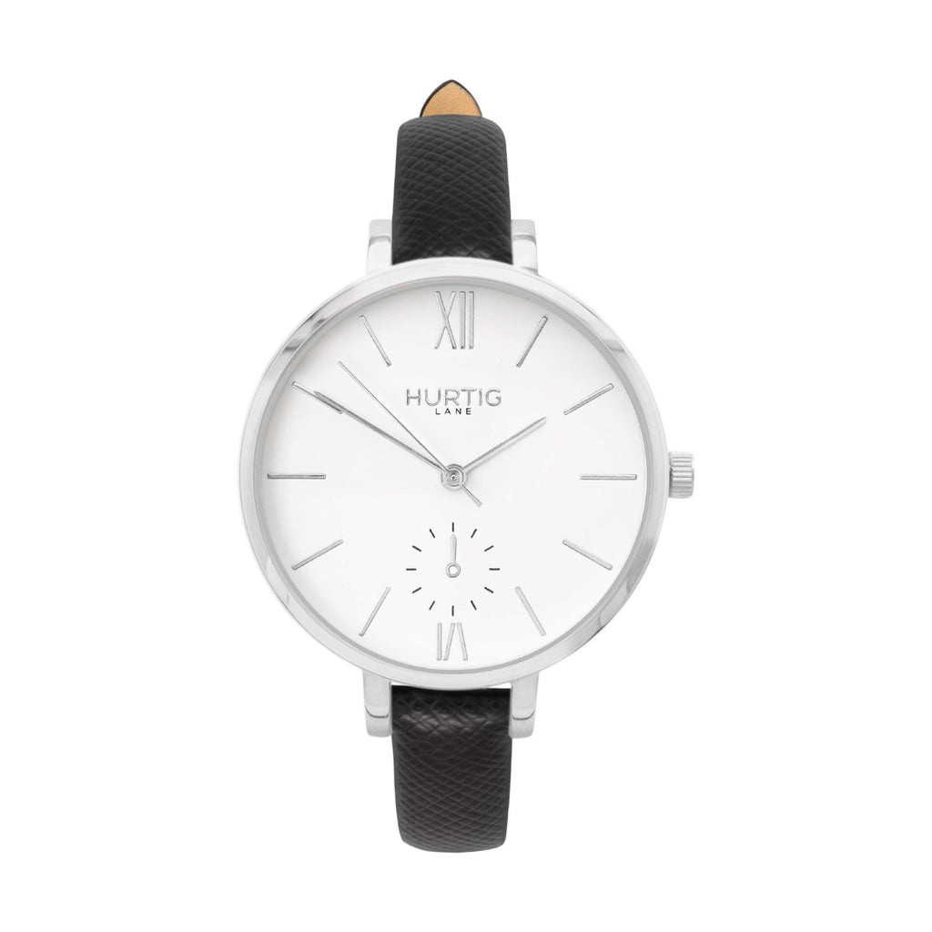 vegane uhr hurtig lane, silver, white and black vegan leather petite women's vegan watch