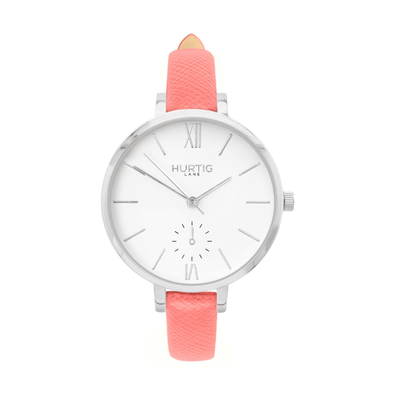 vegane uhr. vegan watch silver, white and pink vegan leather petite women's vegan watch