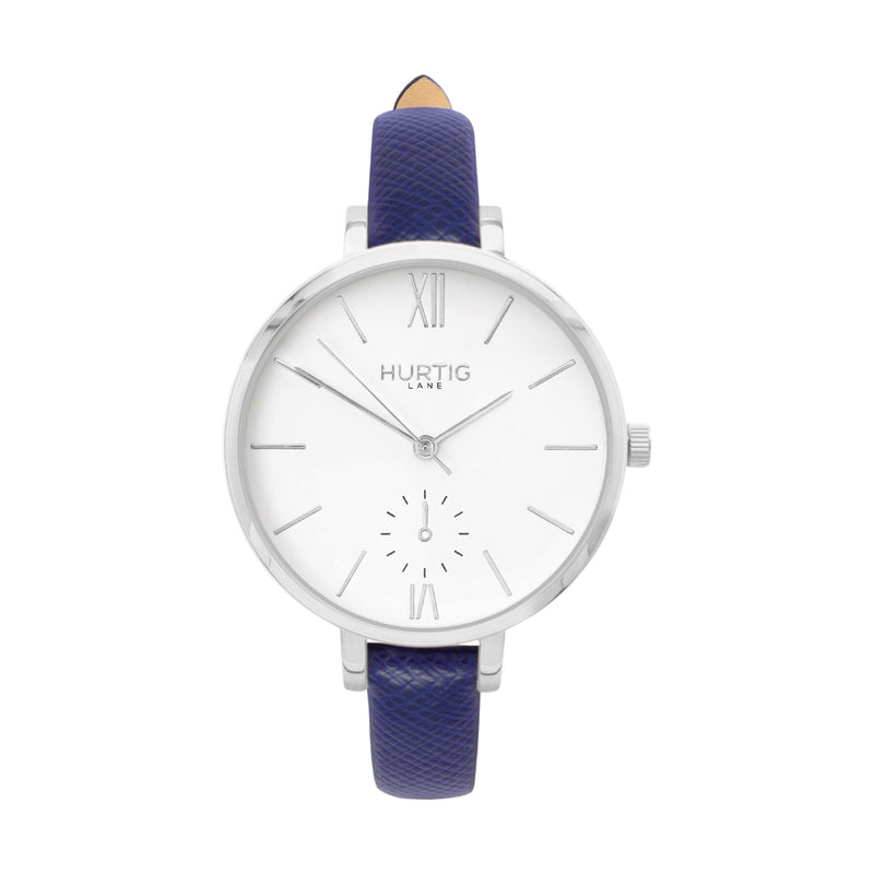 vegane uhr. vegan watch silver, white and blue vegan leather petite women's vegan watch