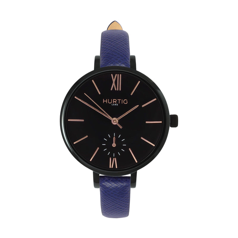 Amalfi Petite Vegan Leather Watch Black, Black & Marine Blue - Hurtig Lane - sustainable- vegan-ethical- cruelty free