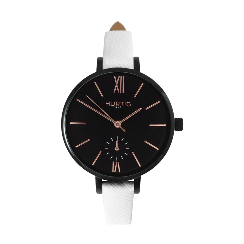 Amalfi Petite Vegan Leather Watch Black, Black & Marine Blue - Hurtig Lane - sustainable- vegan-ethical- cruelty free